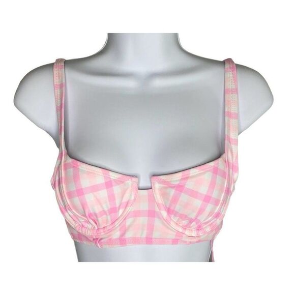 Stoney Clover Bikini Swim Top Women's XS Pink‎ White Plaid Underwire Adjustable - Picture 1 of 6